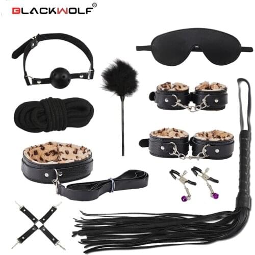 10pcs Sex Toys For Couples Handcuffs Whip Nipples Clip Mouth Gag Adult Sex Toys Kit BDSM Bondage Toy Flirt Games For Couple