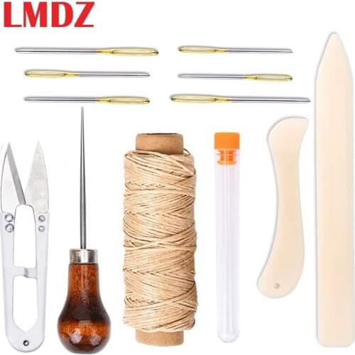 LMDZ Bookbinding Tools Kit, Sewing Awl Tool, Bone Folder Creaser, Waxed Thread, Leather Sewing Needles, Scissors