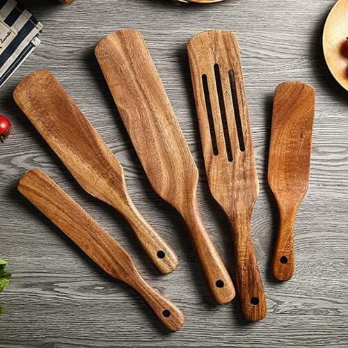 Teak Wooden Kitchen Utensil Set Turner Spatula Acacia Spurtle Kitchen Sets Non-Stick Wooden Cooking Utensils Slotted Spatula Set
