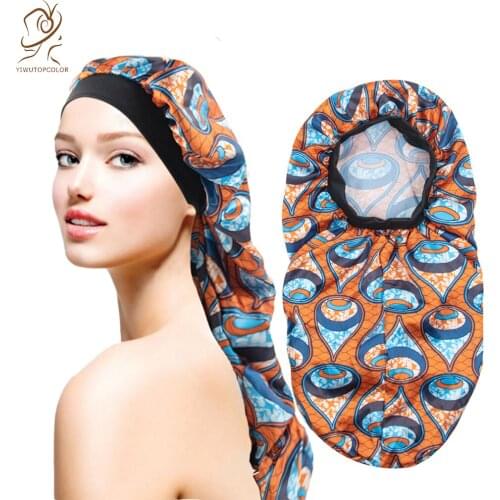 New Style Ladies Printed Narrow Side Long Tube Shower Cap European And American Style Loose And Comfortable Satin Long Night Cap