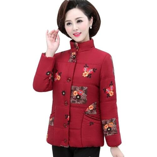 Autumn womens plus velvet padded cotton coat fashion short printed cotton clothing ladies winter plus size parka overcoat