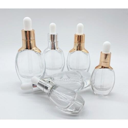 5pcs 15ml 30ml 50ml clear glass bottle with silver gold dropper for essence oil serum whitening skin care cosmetic packing