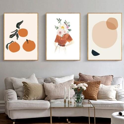 Nordic Wall Decor Painting Flower Girl Line Drawing Face Orange Color Block Canvas Wall Art Print Abstract Illustration Poster