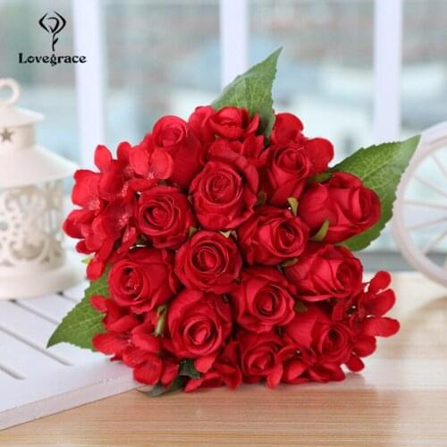 Lovegrace Wedding Bouquet Red Roses Floral Bridal Bouquets White Flowers Artificial Bridesmaids Marriage Home Decoration Flowers