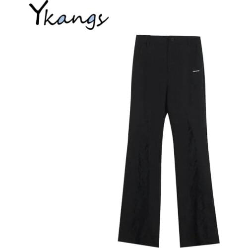 Black Lace Patchwork Slim High Waist Flared Trousers Women Streetwear Goth Chic Y2k Korean Pant Harajuku Overalls Clothes Female