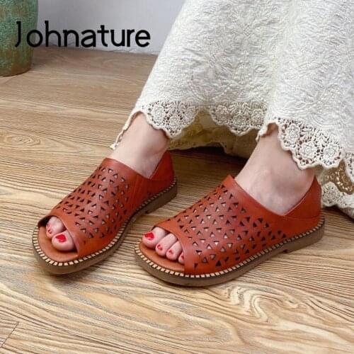 Johnature Genuine Leather Retro Shoes Women Sandals Hook & Loop Flat With Sewing Hollow 2021 New Concise Leisure Ladies Sandals