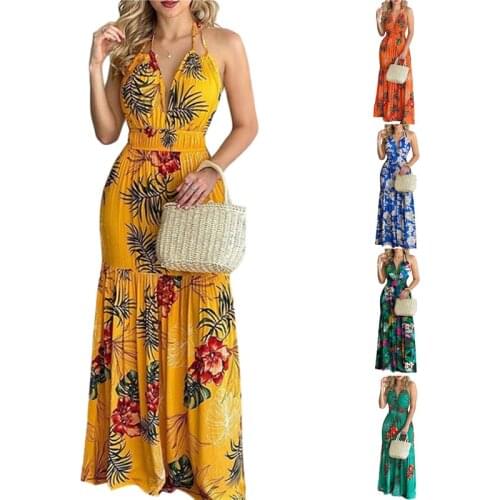 Women’s Sexy Lace-up Halter Dress Summer Fashion Flower Backless High Waist Loose Long Dress