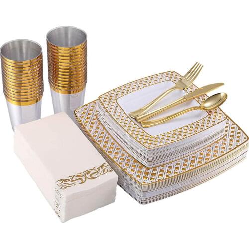 125PCS Gold/Rose Gold Disposable Cutlery Set Caccommodate 25 people square bronzing plate tableware party tableware decoration