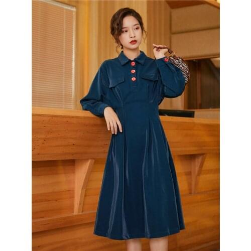 Shiny Dress temperament goddess fan clothes spring and autumn new bellflower French retro high waist was thin dress F1252