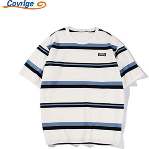 Covrlge New T-shirt Daily Casual Comfortable Breathable All-match Sports Loose Style Stripe Best Seller Mens Clothing MTS676