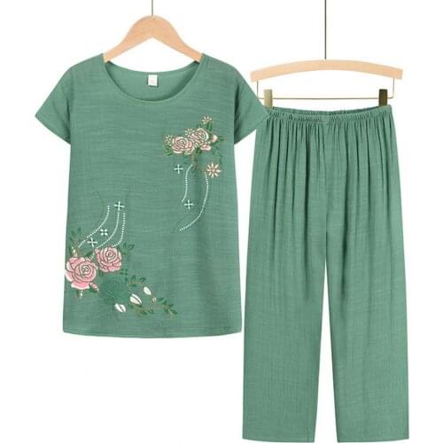 Middle-aged and Elderly Womens Summer Suits Short Sleeve Cotton linen T-shirt Top & Wide-leg Pants Two Piece Set Women Homewear