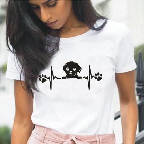 Summer Short Sleeve T Shirt Girls Ladies Heartbeat Tee Shirt Femme Cute Maltese Dog Print Women Tshirt Casual T Shirt Women Tops