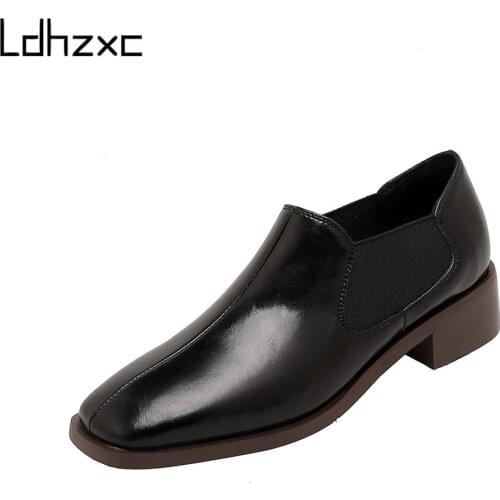 LDHZXC 2021 Fashion Hot Sale Shoes for Women Thick Heels Pumps Slip on Spring Summer Genuine Leather Basic Shoes Woman