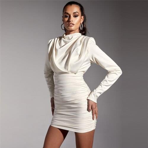 Fashion Womens Dress 3 Color Long Sleeve High Collar Pleated Mini Winter Evening Party Dress