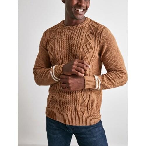 Mens Crew Neck Hair Included Wool Knit Sleeve Striped Sweater Three Color Camel - Burgundy - Ecru new season mens casual style