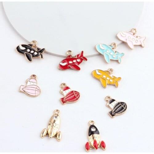 New Arrival 50pcs/Lot Gold Tone Jewelry DIY Charms Kawaii Airplane Rocket Airship Enamel Pendant Earing Keyring Pendant Crafts