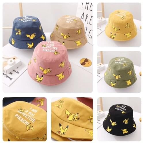 Pokemon Pikachu Linen children Bucket Hat Summer Foldable Basin cap Boys and girls Outdoor Sunscreen cap Travel picnic hat