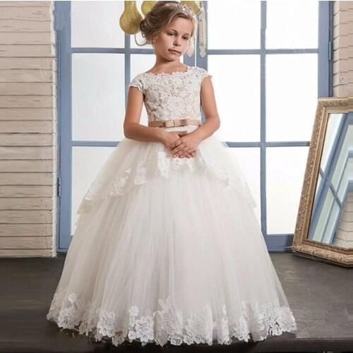 Flower Girl Dresses White Lace Appliqué Beading Sleeveless Dresses Prom Holy Communion Princess Pageant Party Dresses