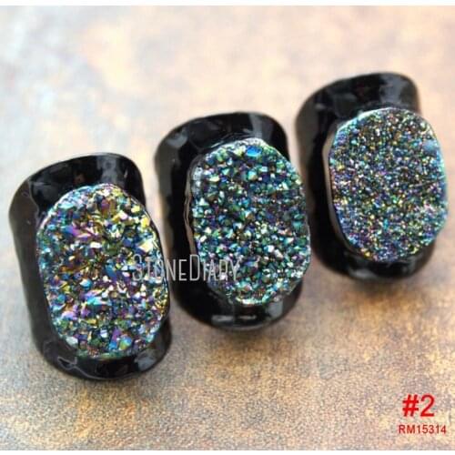 RM15312 5Pcs Wholesale Rainbow Aura Druzy Crystal Ring Gold, Gunmetal, Silver Irregular Shape Ring Adjustable