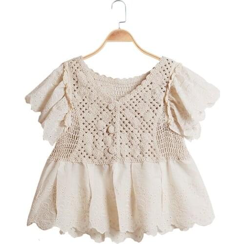 PERHAPS U Women Shirt Short Sleeve Summer V Neck Beige Lace Hollow Out Blouse Button Solid B0608