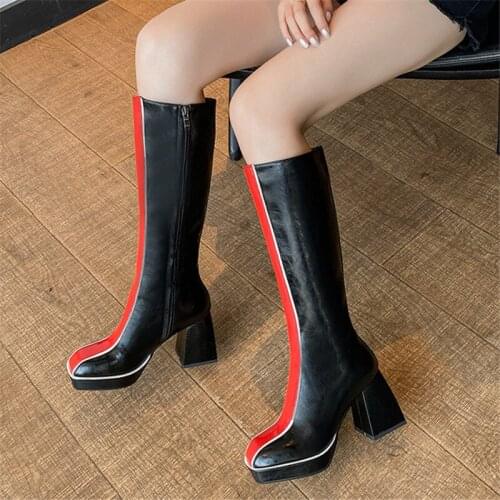 2021 Genuine leather boots thick high heels square toe platform ladies boots winter mixed colors women boots white black