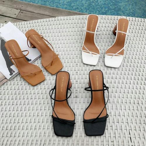 Wood Heel Slipper Womens Sandals Vintage Square Toe Narrow Band High Heel Sandals Women Summer Shoes Women Drop Shipping