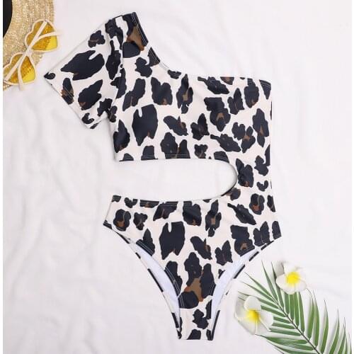 Leopard Print One Piece Swimsuit Female 2021 Sexy Cut Out Swimwear Women Short Sleeve Bodysuit Monokini Bather Bathing Suit Swim