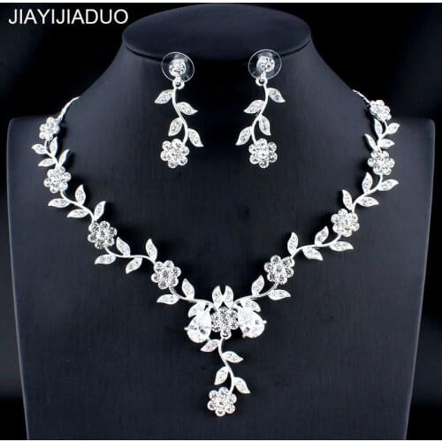 Jiayijiaduo Glamour Womens Wedding Jewelry Set Silver Color Zircon Flower Necklace Earrings Set Girl Accessories Gift 023