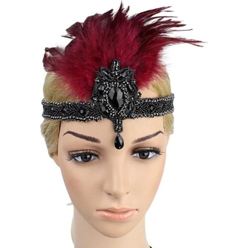 Vintage Black Beaded 20s 30s Feather Headpiece Women 1920s Gatsby Flapper Headband Feather Costume Accessories