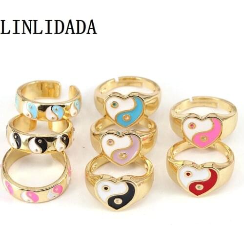 10Pcs 2021 Color Metal Rings Korean Cute Enamel Heart Rainbow Color Yin and Yang Rings Gold Plated Ring For Women Jewelry