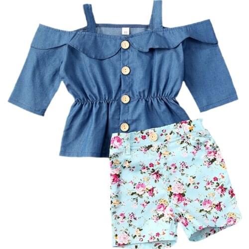 2020 Toddler Kids Baby Girls Clothes Sets Blue Button Off Shoulder Short Sleeve T Shirts Tops+Floral Print Shorts 2pcs