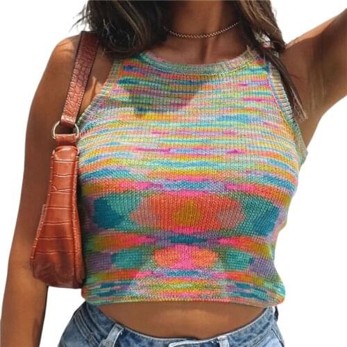 2021 Knitted Crop Tops Women Sleeveless Y2K Basic Vest Casual Summer Off Shoulder Colorful O Neck Tanks Tops Vintage Fashion