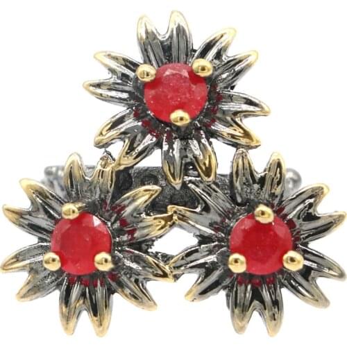 27x26mm Unique Neo-Gothic 10.4g Real Red Ruby For Women Black Gold 925 Sterling Silver Rings