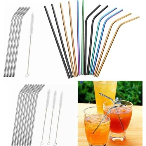 4/6/8pcs Reusable Metal Straws Reusable Drinking Stainless Steel Straws with Cleaner Brush Kits for Mugs Party Bar Accessories