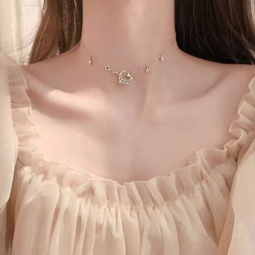 925 silver simple personality trend choker clavicle chain ins necklace with shiny rhinestone moon jewelry for modern female