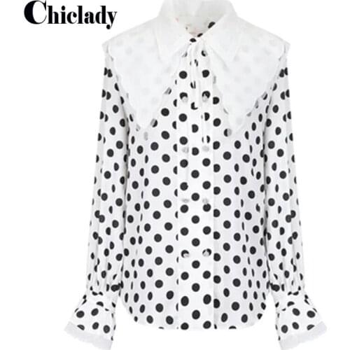CHICLADY polka dot printed blouse women office lady Peter pan collar female white patchwork lace lantern sleeve shirt spring new