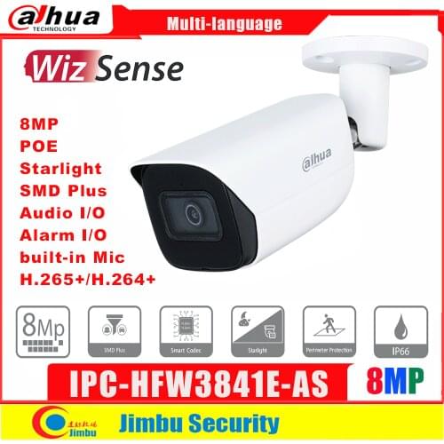 Dahua WizSense 8MP PoE SMD Plus IPC-HFW3841E-AS WDR H.265 IR30M Starlight Built-in IR LED&Mic ONVIF IVS Bullet Network Camera