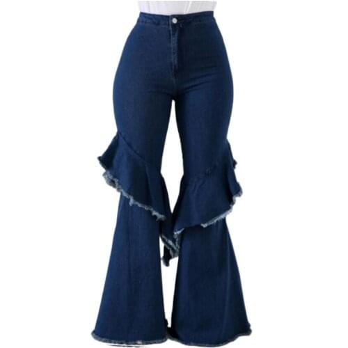 Jeans Women Denim Trousers Long Flare Pants Blue Ruffles Streetwear High Waist Woman Spring & Autumn Casual Y2k Femme Dropship