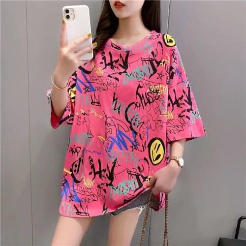 2021 Summer Loose Letter Print Women Tee Shirt Femme Tops Short Sleeve Casual Oversized T Shirt Women Clothes Pink Black Bright