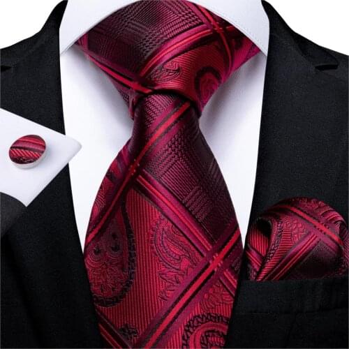 Quality Men Tie Red Wine Solid Silk Wedding Tie For Men Handkerchief Cufflinks Gift Business Tie Set DiBanGu New Design MJ-7325