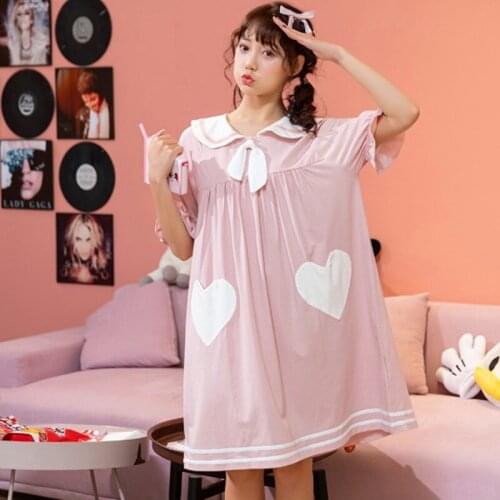 Korean nightdress female summer nightgown loose student sleepwear nightshirt cute doll collar cotton short sleeve women dress