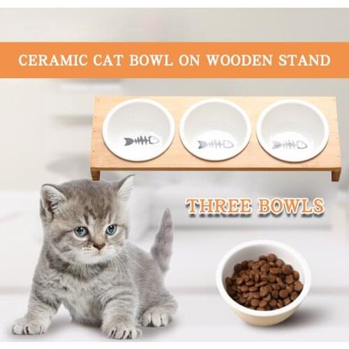Cat Dog Feeders Bowl Ceramic Tableware 3 Bowls Pet Food Water Bowl Bamboo Frame Antiskid Pet Supplies Dog Cat Feeding Bowl