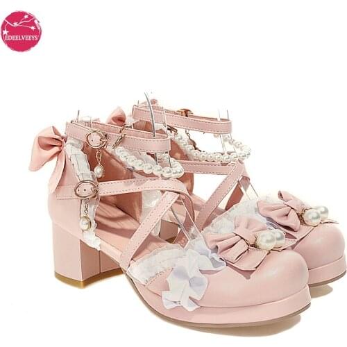 Summer Cool Lolita Sandals Beaded Korean Japanese Sweet Princess Cosplay Party Girls High Heels Side Buckle PU Leahter Shoes