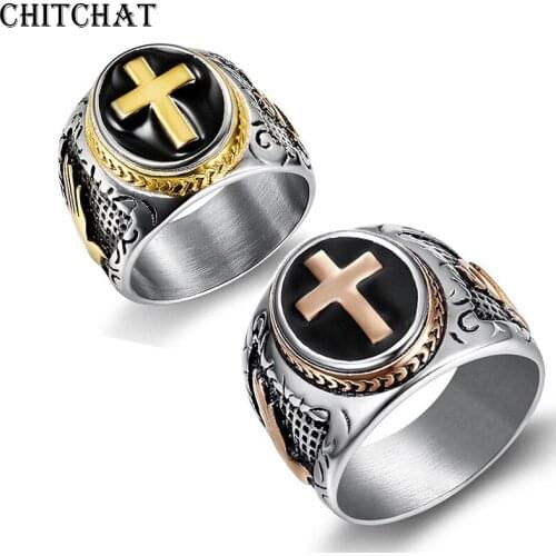 Titanium Steel Cross Red Shield Man Ring Templar Crusade Cross Silver Color Ring Medieval Signet Retro Vintage Punk Finger Rings