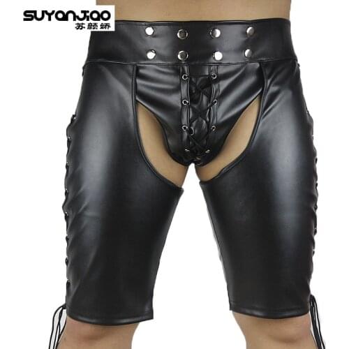 New Fashion Faux Leather Lace up Sexy Spanking Shorts for Men Bodybuilding Fitness Panties Fetish Men Clubwear Erotic Costumes