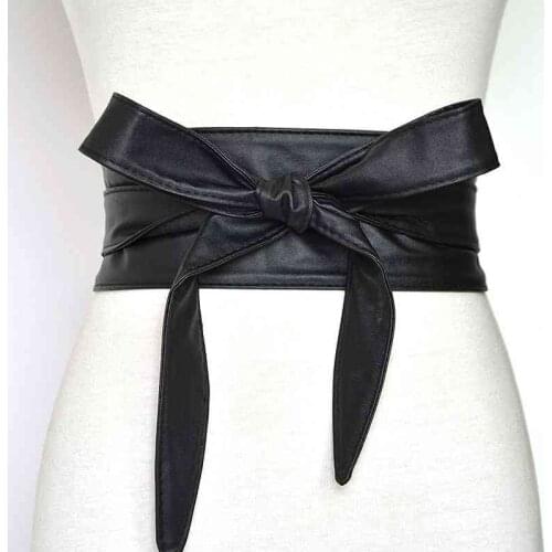 Lace Up PU Leather Wide Corset Belt Women Self Tie Bow High Waist Belt Female Cummerbunds Strap