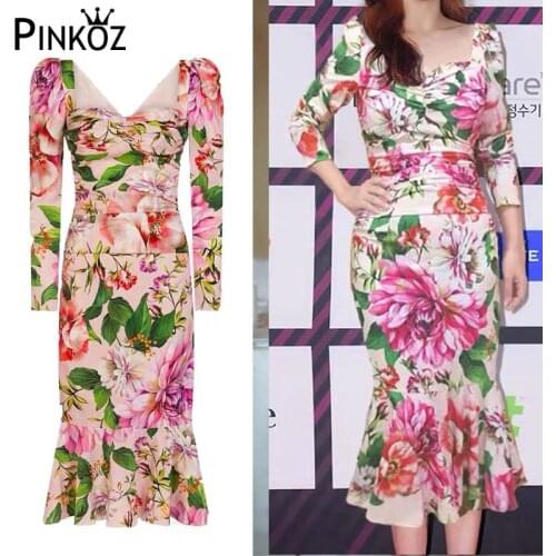Pinkoz celebrity flower pink bodycon sexy dress robe party casual midi floral long sleeve vintage Victoria dresses vestidos chic