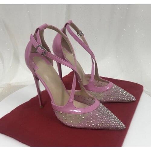 Dolly Pink Cross Strap Rhinestine Mesh Pumps Woman Thin High Heels Pointed Toe Patent Leather Patchwork Crystal Party Shoes