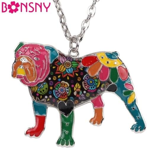 Bonsny Statement Enamel English British Bulldog Bull Terrier Necklaces Pendants Chain 2017 New Fashion Dog Jewelry For Women
