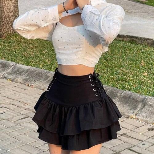 Dark series personality side waist tie Harajuku style girl high waist pleated skirt can ins cake mini skirt gothic dark skirt